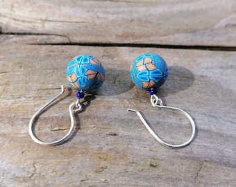 Blue and Orange Millefiori Bead Dangley Earrings, Fimo Polymer Clay, Sterling Silver Wires