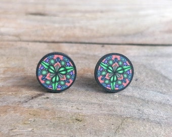 Kaleidoscope Fimo Cane Slice Stud Earrings, Green Orange Purple and Black, Intricate Millefiori, Handmade Polymer Clay, Stainless Steel