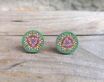 Kaleidoscope Fimo Polymer Clay Stud Earrings, Green, Hypo Allergenic, Intricate Millefiori Cane Design, Medium