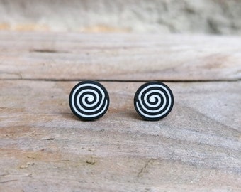 Spiral Fimo Stud Earrings, Black and White, Handmade Polymer Clay, Stainless Steel, Hypo Allergenic Studs