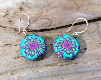 Kaleidoscope Lentil Bead Fimo Polymer Clay Dangley Earrings, Pink Turquoise and Green, Sterling Silver Wires, Millefiori Design