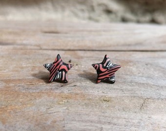 Tiger Star Fimo Stud Earrings, Handmade Polymer Clay, Orange and Black, Stainless Steel, Hypo Allergenic, Millefiori Design