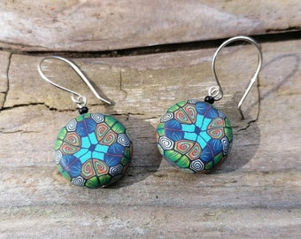 Kaleidoscope Lentil Bead Fimo Polymer Clay Dangley Earrings, Turquoise and Orange, Sterling Silver Wires, Millefiori Design