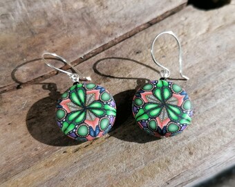 Fimo Clay Kaleidoscope Lentil Bead Drop Earrings, Green Orange, Sterling Silver