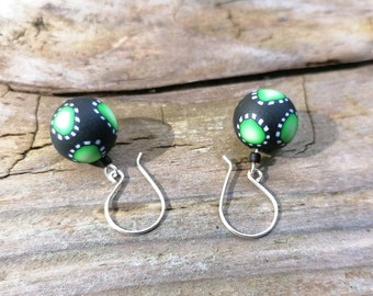 Green Bead Dangley Earrings, Blended Millefiori Canes, Sterling Silver, Fimo Polymer Clay