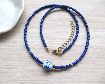 Delft Blue necklace, Seed beads necklace, Blue beaded necklace