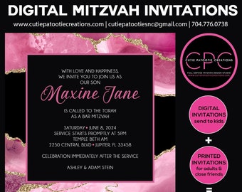 Digital Bat Mitzvah Invitations - Pink and Black Agate Bat Mitzvah Invitation - Add Printed Thank You Notes