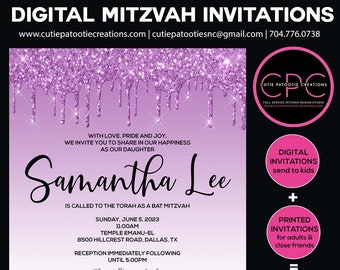 Purple Dripping Glitter Digital Bat Mitzvah Invitations | Add Small Order of Printed to send to Family and Friends