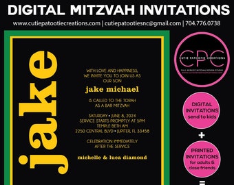 Green and Yellow Square Digital Square Bar Mitzvah Invitations - Add Printed Thank You Notes