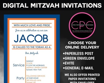 Navy Blue and Orange Digital Bar Mitzvah Invitation