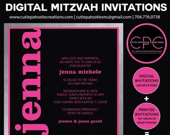 Digital Bat Mitzvah Invitations - Fuschia Pink and Black Bat Mitzvah Invitation - Add Printed Thank You Notes