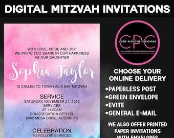 Watercolor Bat Mitzvah Invitation, Online Celebration (Digital)