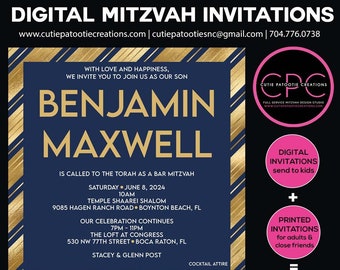 Navy Blue and Gold Foil Stripes Digital Bat Mitzvah Invitation | Add Small Order of Printed to send to Family and Friends