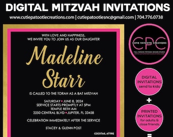 Pink and Gold Bat Mitzvah Invitations – Digital File