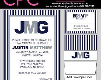 Bar & Bat Mitzvah Invitations | Printed | Custom Jewish Invitation | Navy Blue and White Stripes