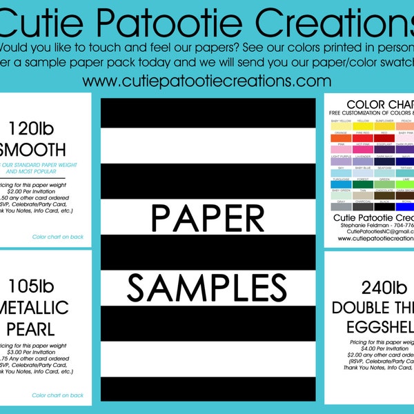 Sample Paper Pack for Bar & Bat Mitzvah, Wedding, Sweet 16, Quinceanera, Birthday - Includes Invitation Papers - Color Chart - Envelopes