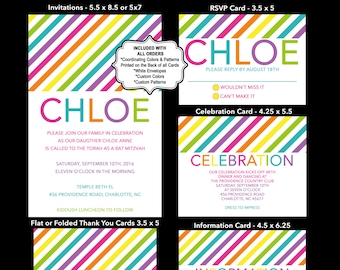 Candy Theme Bat Mitzvah Invitations Rainbow Stripes