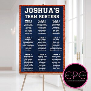 May include: A blue and orange poster with the text "Joshua's Team Rosters" and a list of names organized into nine tables. The poster is on an easel.