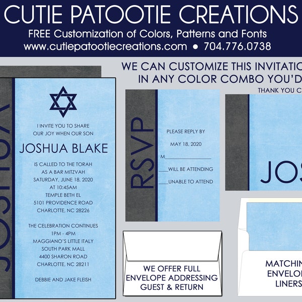 Custom Bar Mitzvah Invitations, Reply Card, Thank You Notes
