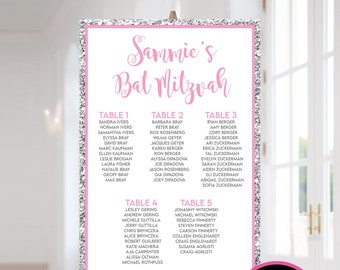 Pink and Silver Faux Glitter Bat Mitzvah Table Seating Chart - Colors or Customizable - Add Matching Table Numbers