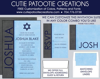 Bar Mitzvah Invitations, Bar Mitzvah Invitation, Envelope Addressing, Reply Card, Save the Date, Thank You Notes, Custom Colors Available