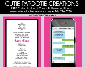 Phone Bat Mitzvah Invitations| Hot Pink and Black Bat Mitzvah Invitation | Response Card | Envelope Addressing | Custom Colors Available