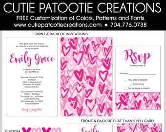 Graffiti Hearts Bat Mitzvah Invitations - Pink Heart Invitation - RSVP Card - Thank You Notes - Envelope Addressing