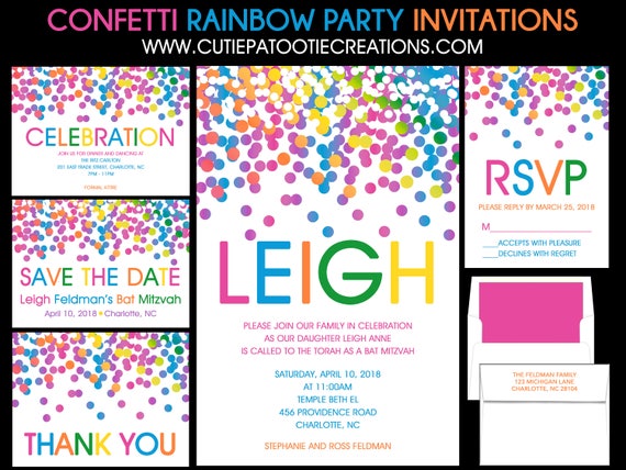 Rainbow Confetti Bat Mitzvah Invitation, Rainbow Confetti Sweet 16 Invitations, Rainbow Confetti Quinceanera Invitations, Use for ANY EVENT Il_570xn