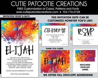 Paintball Bar Mitzvah Invitations - Painting Pain Art Themed Bar and Bat Mitzvah Invitation - Custom Colors Available - Envelope Addressing