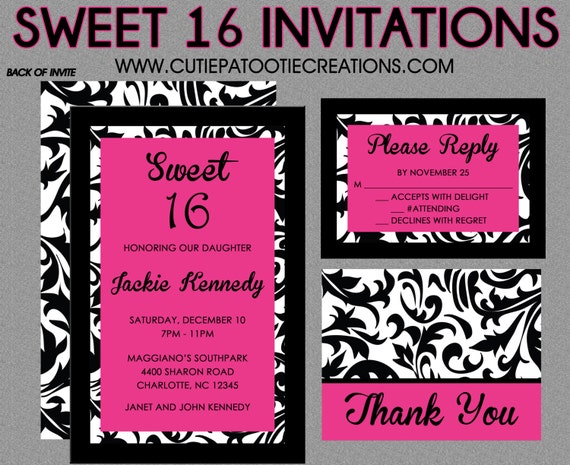 Sweet 16 Birthday Invitations - Quinceanera Invitation - Black White Hot Pink Damask - Guest & Return Addressing Available Il_570xn
