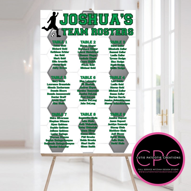 Soccer Sports Team Roster Table Seating Chart for Bar and Bat Mitzvah Wedding We can do ANY Sport FREE Customization image 1