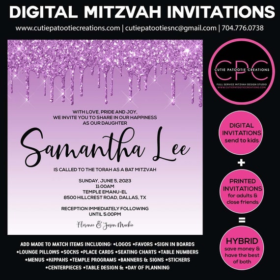 Purple Dripping Glitter Digital Bat Mitzvah Invitations | Add Small Order of Printed to send to Family and Friends Il_570xn