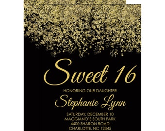 Sweet 16 Invitations - Quinceanera Invitation - Black and Gold Sparkle Faux Glitter - Sweet Sixteen Guest & Return Addressing Available