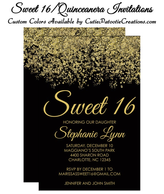 Sweet 16 Invitations - Quinceanera Invitation - Black and Gold Sparkle Faux Glitter - Sweet Sixteen Guest & Return Addressing Available Il_570xn