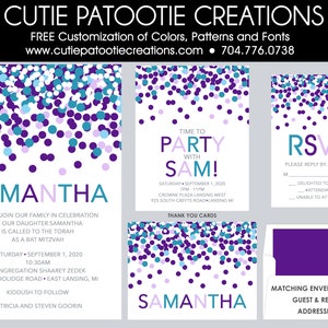 Bat Mitzvah Invitations Purple and Turquoise Confetti Bat Mitzvah Invitations Envelope Addressing Custom Colors Available Bild 1