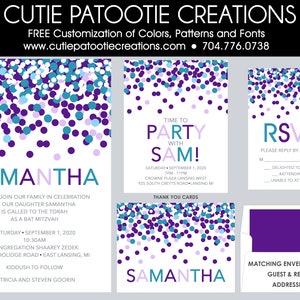 Bat Mitzvah Invitations Purple and Turquoise Confetti Bat Mitzvah Invitations Envelope Addressing Custom Colors Available image 1