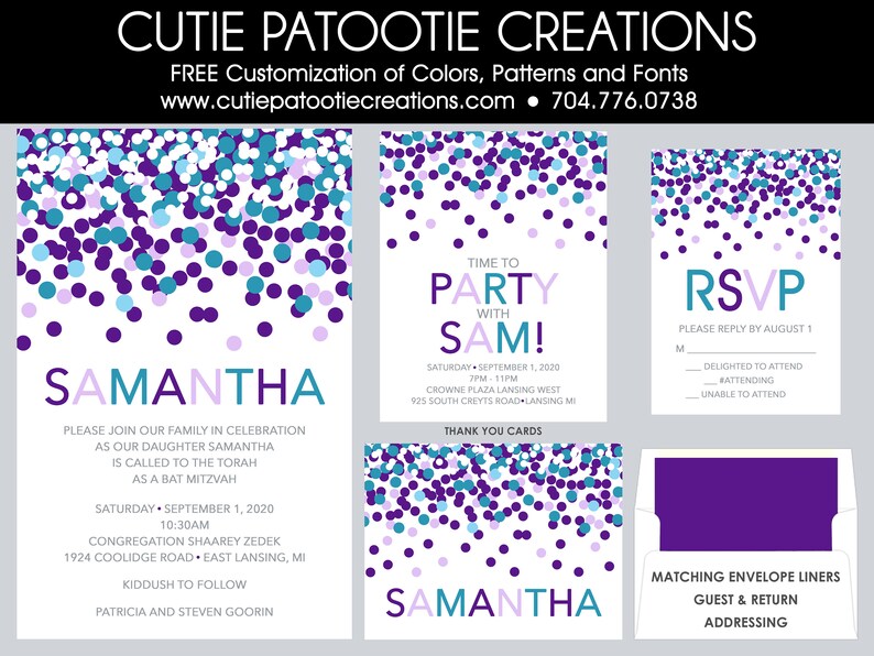 Bat Mitzvah Invitations Purple and Turquoise Confetti Bat Mitzvah Invitations Envelope Addressing Custom Colors Available image 1