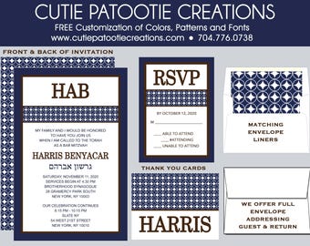 Bar Mitzvah Invitations, Bar Mitzvah Invitation, Envelope Addressing, Reply Card, Save the Date, Thank You Notes, Custom Colors Available