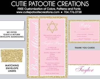 Könnte beinhalten: Rosa-goldene Glitzer-Bat-Mitzvah-Einladung mit einem Davidstern. Die Einladung enthält den Namen Taylor Paige, Datum und Uhrzeit der Veranstaltung sowie den Ort. Die Einladung enthält auch eine RSVP-Karte mit dem Text "Antwort bis zum 7. August 2020".