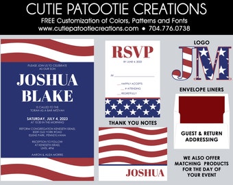 4th of July Bar Mitzvah Invitations, Fourth of July, Wedding, Red, White and Blue Invitations, Patriotic Invitation
