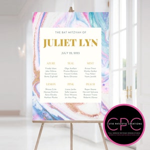 Watercolor Bat Mitzvah Table Seating Chart Pastel Colors Personalized Great for Weddings, Sweet 16 and Corporate Events image 1