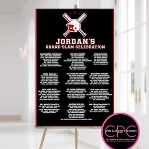 May include: A black and red baseball-themed seating chart with the text "JORDAN'S GRAND SLAM CELEBRATION" at the top. The chart lists different baseball teams and the names of guests attending the event.