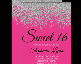 Sweet 16 Invitations - Quinceanera Invitation - Hot Pink and Silver Sparkle Faux Glitter - Sweet Sixteen Guest & Return Addressing Available