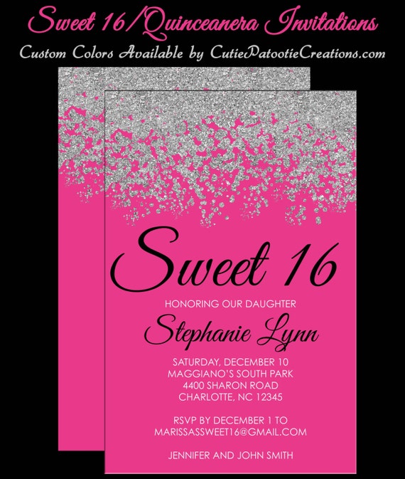 Sweet 16 Invitations - Quinceanera Invitation - Hot Pink and Silver Sparkle Faux Glitter - Sweet Sixteen Guest & Return Addressing Available Il_570xn