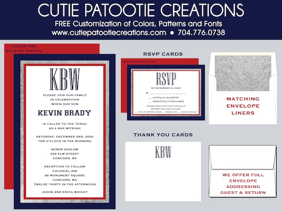 Bar Mitzvah Invitations, Bar Mitzvah Invitation, Envelope Addressing, Reply Card, Save the Date, Thank You Notes, Custom Colors Available Il_570xn