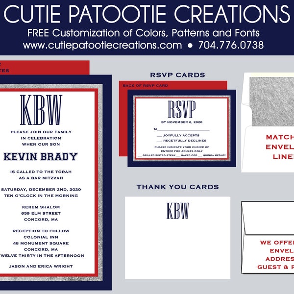 Bar Mitzvah Invitations, Bar Mitzvah Invitation, Envelope Addressing, Reply Card, Save the Date, Thank You Notes, Custom Colors Available