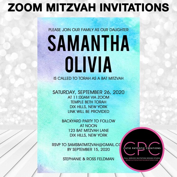 Zoom Mitzvah Invitations, Zoom Bar Mitzvah Invitation, Zoom Bat Mitzvah Invitation, Digital PDF or Printed by Us, Watercolor Turquoise Il_570xn