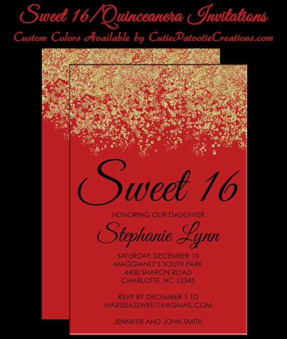 Sweet 16 Invitations - Quinceanera Invitation - Red and Gold Sparkle Faux Glitter - Sweet Sixteen Guest & Return Addressing Available Il_570xn