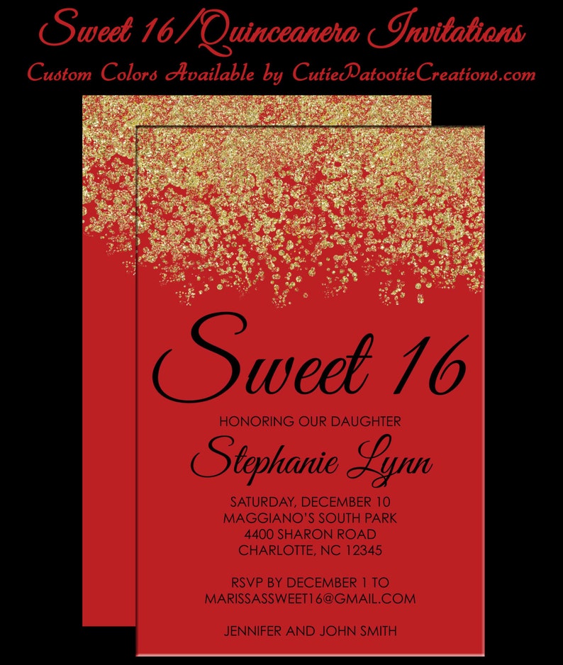 Sweet 16 Invitations Quinceanera Invitation Red And Gold Sparkle Faux Glitter Sixteen Guest Return Addressing Available