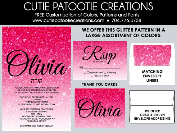 Bat Mitzvah Invitations, Hot Pink Bat Mitzvah Invitation, Envelope Addressing, Reply Card, Thank You Notes, Custom Colors Available Il_570xn